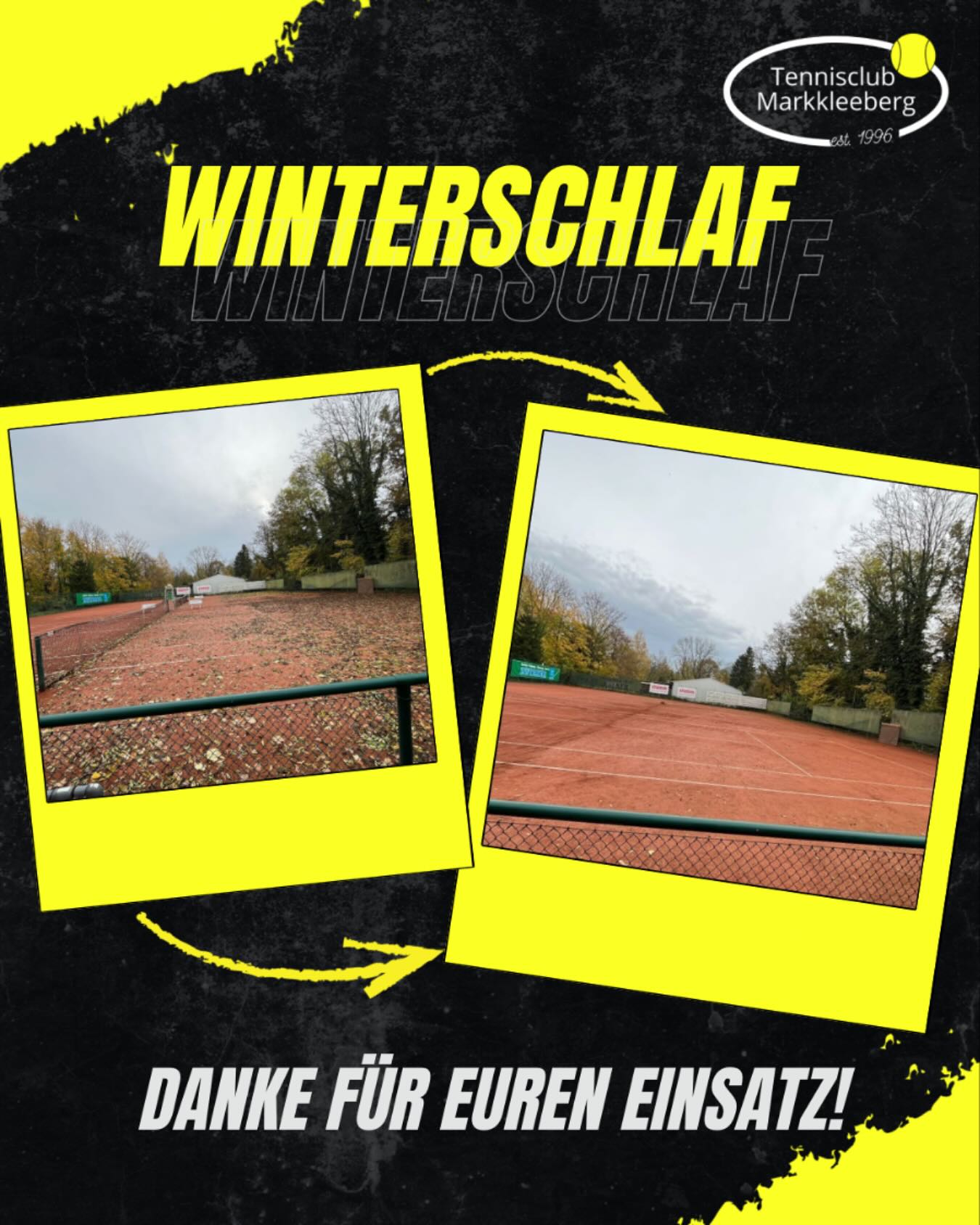 Wir haben die Ziellinie der Sommersaison erreicht! 🏁 Die Netze sind gefallen, die Anzeigetafeln eingemottet und die Courts für ihren langen Winterschlaf vom Laub befreit. Wir bedanken uns bei allen freiwilligen Helfern. 😁💪🏻 Doch sagt unseren Plätzen im Vorbeigehen gerne mal Hallo, damit sie sich im Winter nicht so einsam fühlen. 😊

PS: Die Herren1 konnten mit 4:2 gegen Schkeuditz bereits den ersten Sieg der Winterrunde verbuchen. 🤫

PT

#saisonende #winterschlaf #tennis #markkleeberg #leipzig #leipzigtennis #sogehtsaechsisch #sogehtsächsisch #gemeinsamtennis #herbst #winter