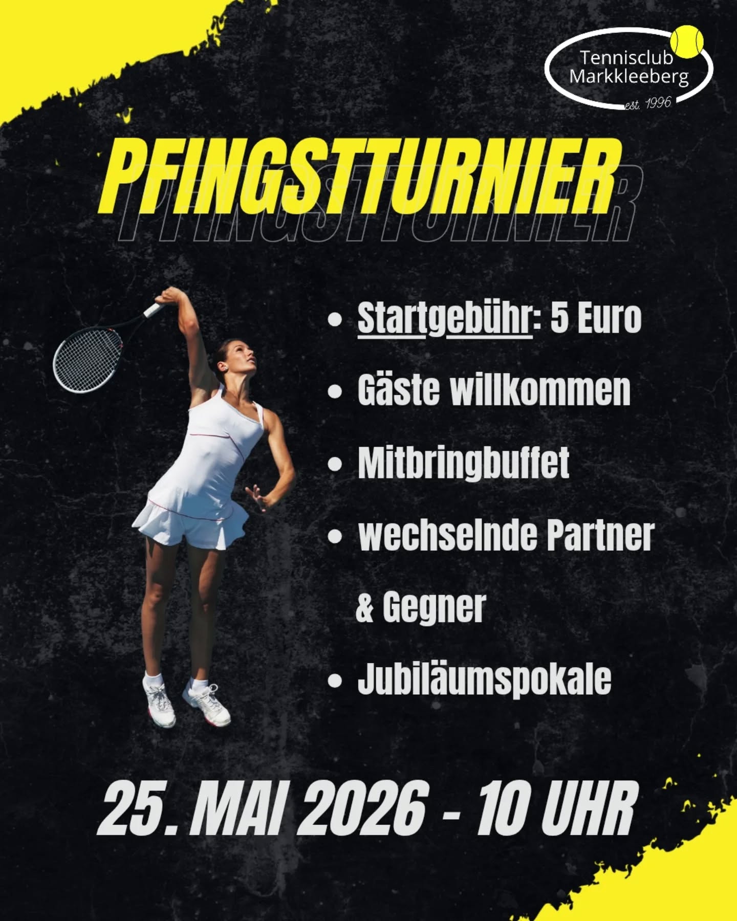 Ihr wollte schon immer mal eine Trophäe im Regal stehen haben? Dann ist es jetzt soweit, ihr habt endlich die Chance dazu! Anlässlich unseres Jubiläumsturniers haben wir uns nicht lumpen lassen und drei Pokale gesponsert. 30 Jahre TCM - für jedes Jahrzehnt eine Trophäe! Also seid dabei!

Wie jedes Jahr kämpft ihr im gemischten Losdoppel gegen das Team, dessen gemeinsames Alter dem euren am nächsten kommt, um Punkte. In jeder Runde in neuen Konstellationen! Aber: in erster Linie fightet ihr natürlich für den Spaß 😁

Anmeldung per DM, über info@tc-markkleeberg bzw. über die Liste am Platz! Dort findet ihr auch Infos über den bisherigen Stand des Mitbringbuffets :D Ein Start ist ab 16 Jahren möglich.

PT

#pfingstturnier #schleifchenturnier #markkleeberg #leipzig #tennis