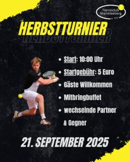 Die Sommersaison neigt sich dem Ende zu, und damit steht unser jährliches Herbstturnier vor der Tür. Seid ihr bereit, es noch einmal richtig krachen zu lassen? 🧨🎾😎

Ab 10 Uhr geht es wieder im Losdoppel um Punkte, jede Runde in neuen, spannenden Paarungen 🤩

Teilnehmen können alle Mitglieder und Gäste ab 16 Jahren. Wir bitten um Beteiligung am Mitbringbuffet und freuen uns auf eure Teilnahme! 

Die Anmeldung erfolgt per Liste am Platz (ab nächster Woche), per Mail oder per DM.

PT

#turnier #herbst #leipzig #markkleeberg #leipzigtennis #gemeinsamtennis #zusammentennis #spaßturnier #sogehtsächsisch #sogehtsaechsisch
#saisonabschluss